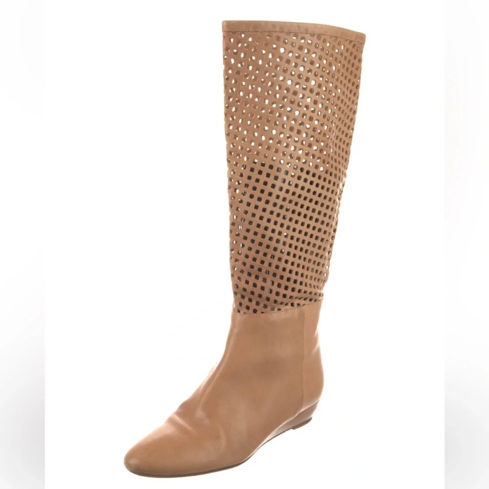 Loeffler Randall Brown Perforated Wedge Heel Knee High Riding Boots Size 6 $498